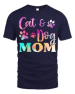 Colorful Cat and Dog Mom Paw Print Graphic T-shirt - navy t-shirt on white background