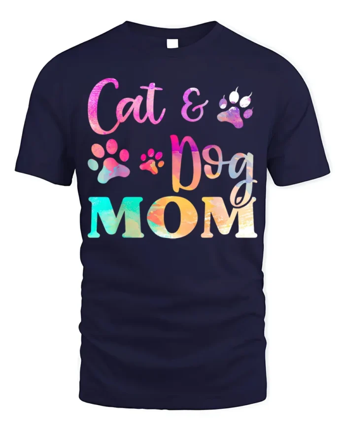 Colorful Cat and Dog Mom Paw Print Graphic T-shirt - navy t-shirt on white background