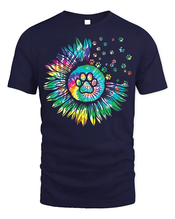 Colorful Paw Print Sunflower Pet Lover T-shirt - navy t-shirt on white background