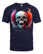 Fiery Skull Horror Flames Dark Graphic T-shirt - navy t-shirt on white background