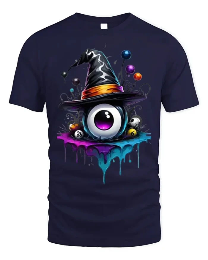 Witch Hat Eyeball Halloween Dripping Graphic T-shirt - navy t-shirt on white background