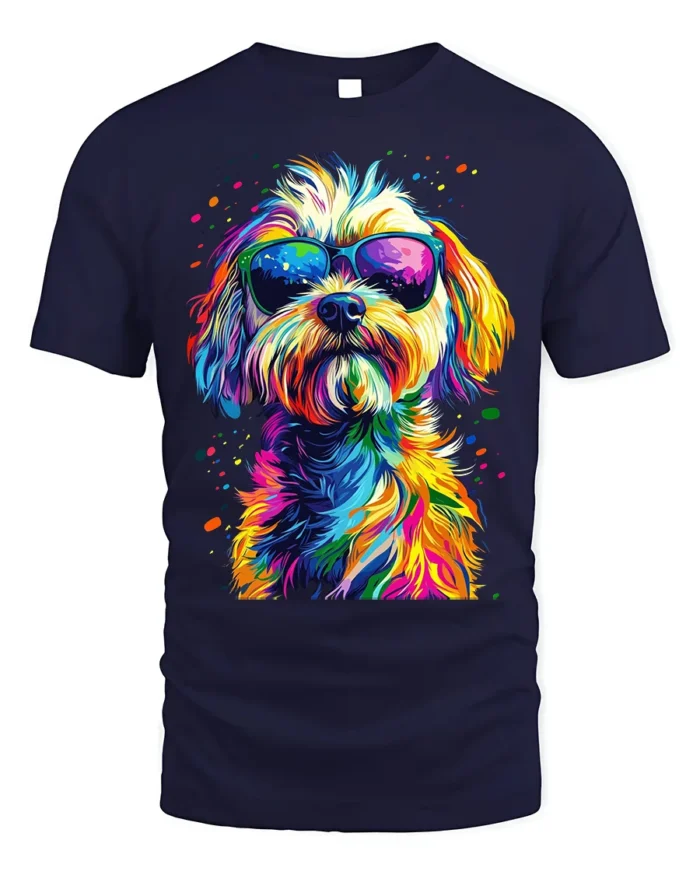Colorful Cool Dog Sunglasses Pop Art T-shirt - navy t-shirt on white background