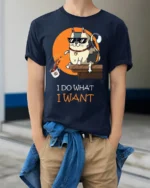 Cool Cat Attitude I Do What I Want Graphic T-shirt - model wearing navy shirt, hands in pockets