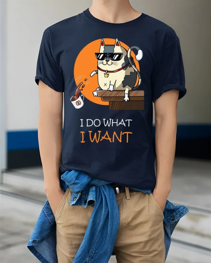 Cool Cat Attitude I Do What I Want Graphic T-shirt - model wearing navy shirt, hands in pockets
