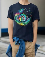 Colorful Paw Print Sunflower Pet Lover T-shirt - model wearing navy shirt, hands in pockets