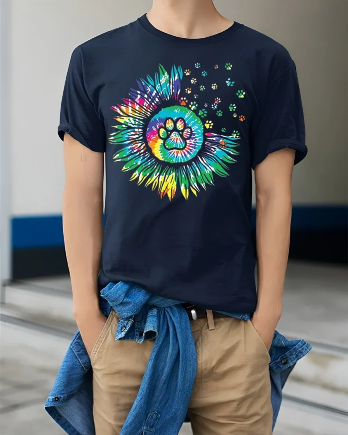 Colorful Paw Print Sunflower Pet Lover T-shirt - model wearing navy shirt, hands in pockets