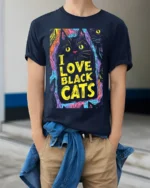 I Love Black Cats Colorful Halloween T-shirt - model wearing navy shirt, hands in pockets