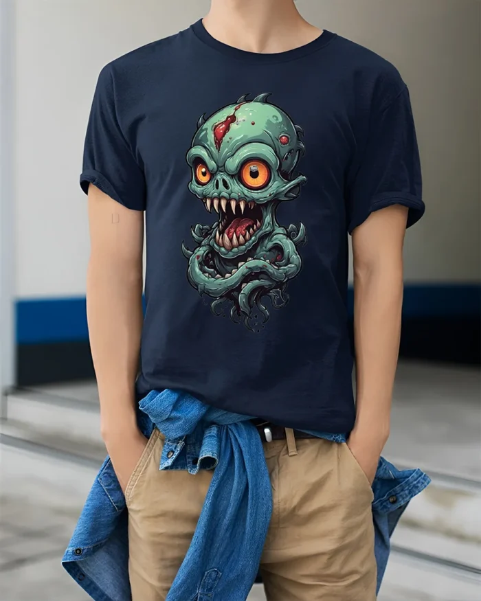 Creepy Alien Monster Big Eyes Horror T-shirt - model wearing navy shirt, hands in pockets