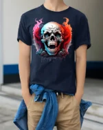 Fiery Skull Horror Flames Dark Graphic T-shirt - model wearing navy shirt, hands in pockets