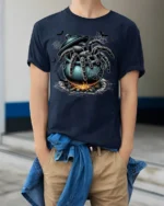 Creepy Spider Cauldron Halloween Horror T-shirt - model wearing navy shirt, hands in pockets