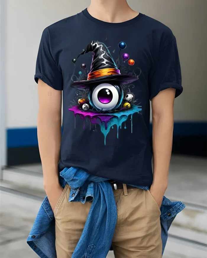 Witch Hat Eyeball Halloween Dripping Graphic T-shirt - model wearing navy shirt, hands in pockets