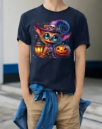 Cute Witch Cat Pumpkin Halloween Lantern T-shirt - model wearing navy shirt, hands in pockets