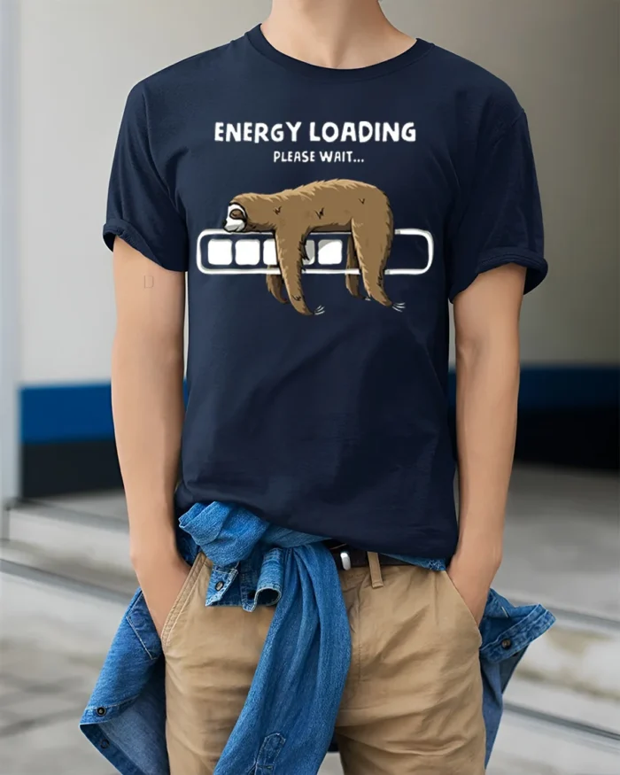 Funny Sloth Energy Loading Please Wait T-shirt - model wearing navy shirt, hands in pockets