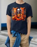 Skeleton Pumpkins Halloween Scary Night T-shirt - model wearing navy shirt, hands in pockets