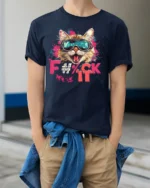 Funny Cat F#%k It Attitude Cool Graphic T-shirt - model wearing navy shirt, hands in pockets