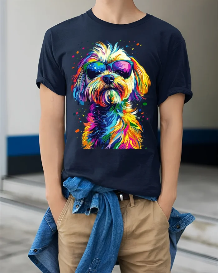 Colorful Cool Dog Sunglasses Pop Art T-shirt - model wearing navy shirt, hands in pockets