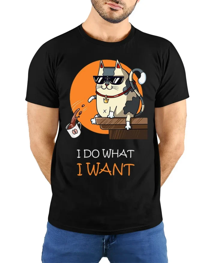 Cool Cat Attitude I Do What I Want Graphic T-shirt - model wearing black shirt, hands behind back