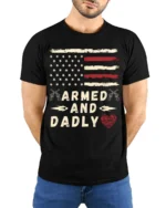 Armed and Dadly American Flag Patriotic T-shirt - model wearing black shirt, hands behind back