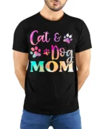 Colorful Cat and Dog Mom Paw Print Graphic T-shirt - model wearing black shirt, hands behind back