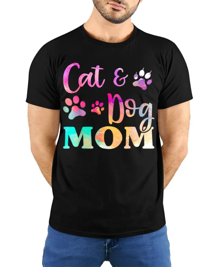 Colorful Cat and Dog Mom Paw Print Graphic T-shirt - model wearing black shirt, hands behind back