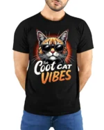 Too Cool Cat Vibes Sunglasses Graphic T-shirt - model wearing black shirt, hands behind back