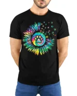 Colorful Paw Print Sunflower Pet Lover T-shirt - model wearing black shirt, hands behind back