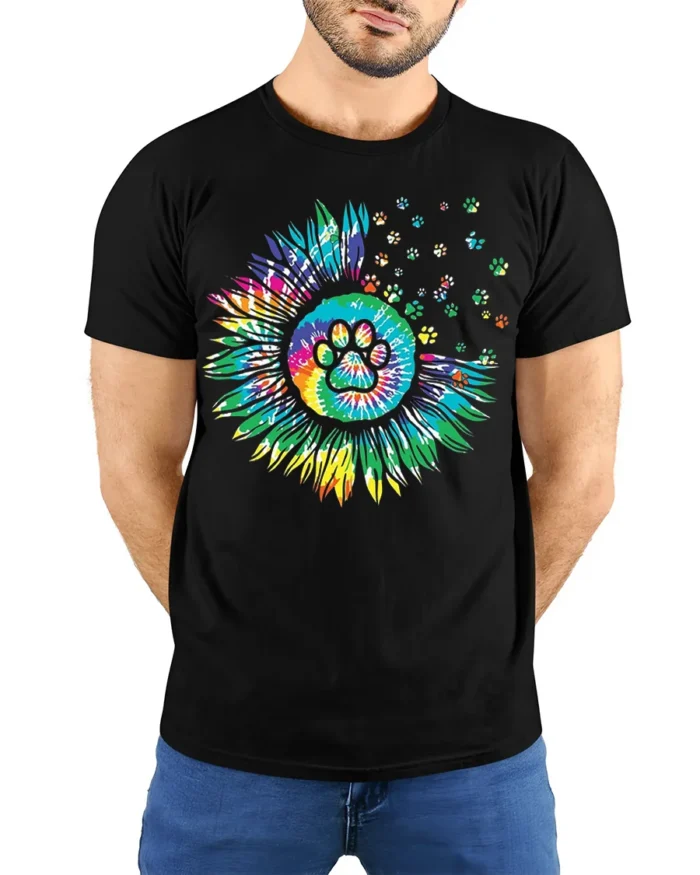 Colorful Paw Print Sunflower Pet Lover T-shirt - model wearing black shirt, hands behind back
