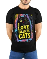 I Love Black Cats Colorful Halloween T-shirt - model wearing black shirt, hands behind back