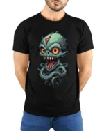 Creepy Alien Monster Big Eyes Horror T-shirt - model wearing black shirt, hands behind back