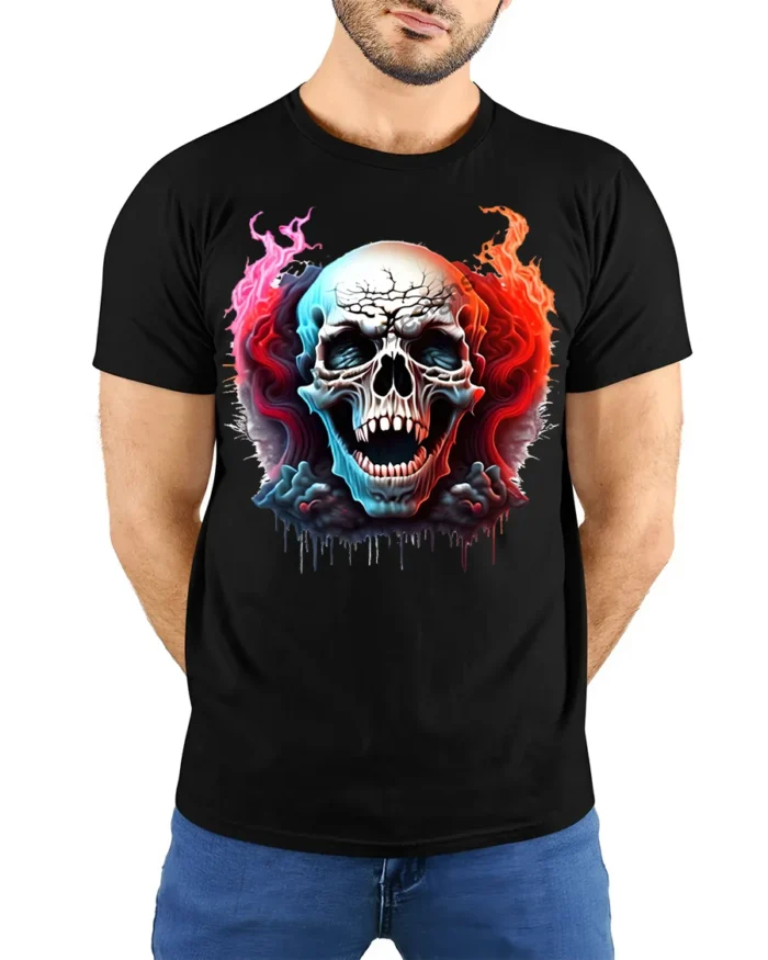 Fiery Skull Horror Flames Dark Graphic T-shirt - model wearing black shirt, hands behind back