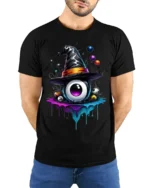 Witch Hat Eyeball Halloween Dripping Graphic T-shirt - model wearing black shirt, hands behind back