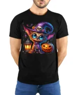 Cute Witch Cat Pumpkin Halloween Lantern T-shirt - model wearing black shirt, hands behind back