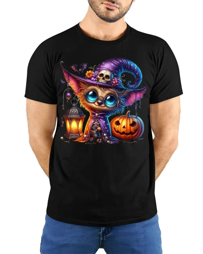 Cute Witch Cat Pumpkin Halloween Lantern T-shirt - model wearing black shirt, hands behind back