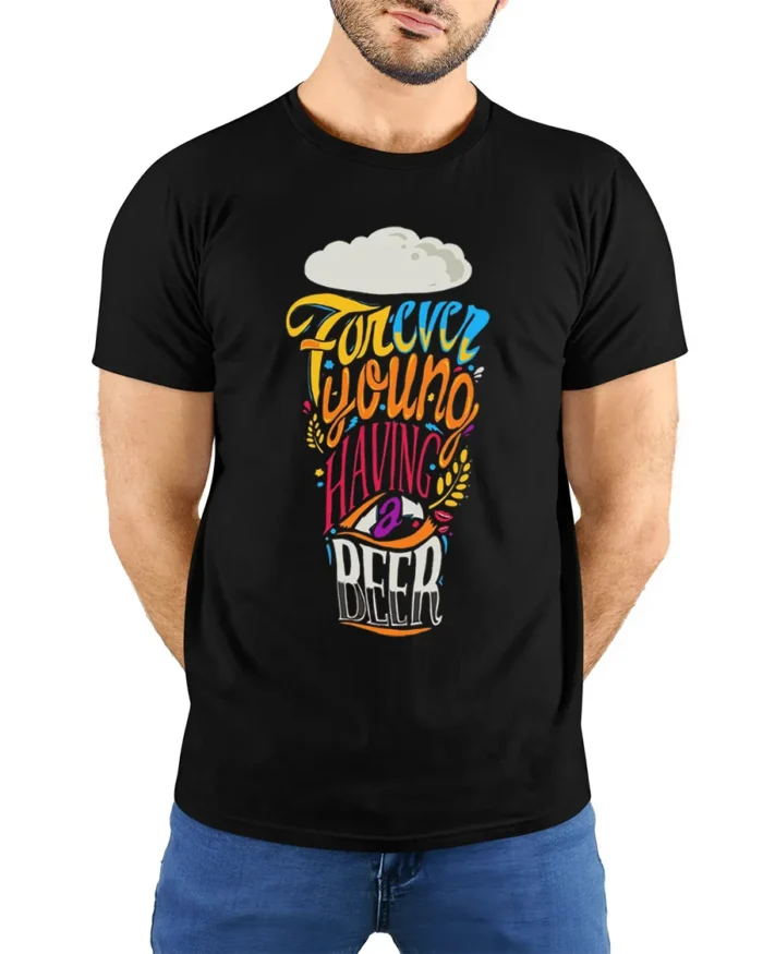 Forever Young Having A Beer Party Graphic T-shirt - model wearing black shirt, hands behind back
