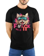 Funny Cat F#%k It Attitude Cool Graphic T-shirt - model wearing black shirt, hands behind back