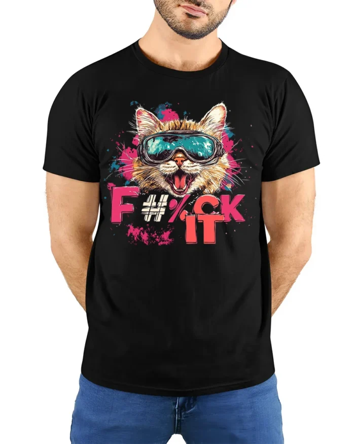 Funny Cat F#%k It Attitude Cool Graphic T-shirt - model wearing black shirt, hands behind back