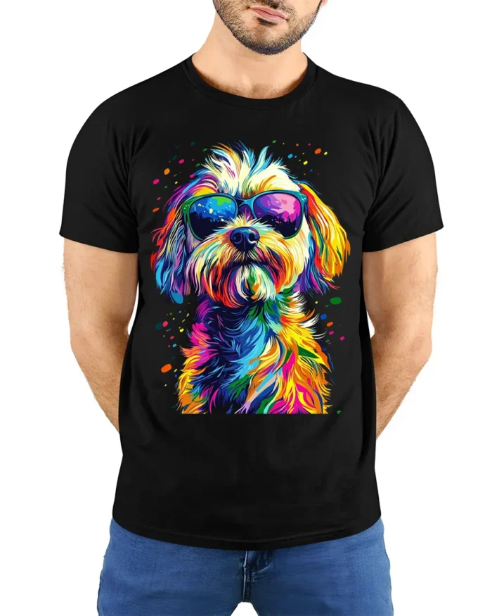 Colorful Cool Dog Sunglasses Pop Art T-shirt - model wearing black shirt, hands behind back