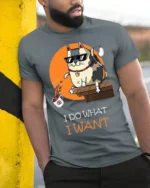 Cool Cat Attitude I Do What I Want Graphic T-shirt - model in grey shirt leaning against column