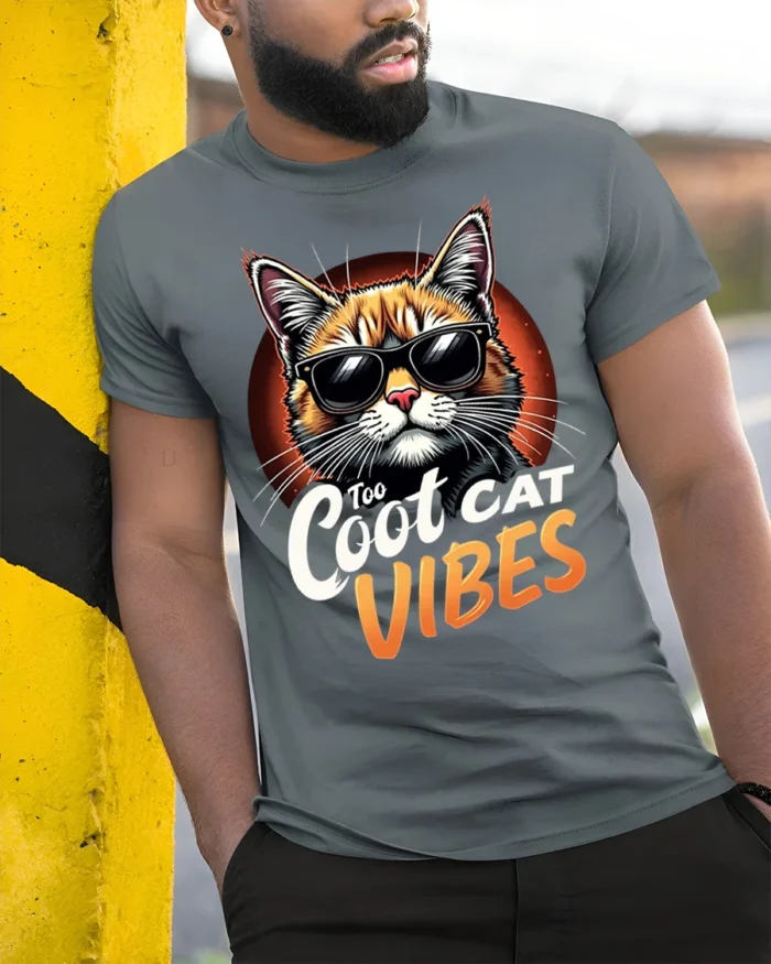 Too Cool Cat Vibes Sunglasses Graphic T-shirt - model in grey shirt leaning against column