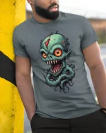 Creepy Alien Monster Big Eyes Horror T-shirt - model in grey shirt leaning against column