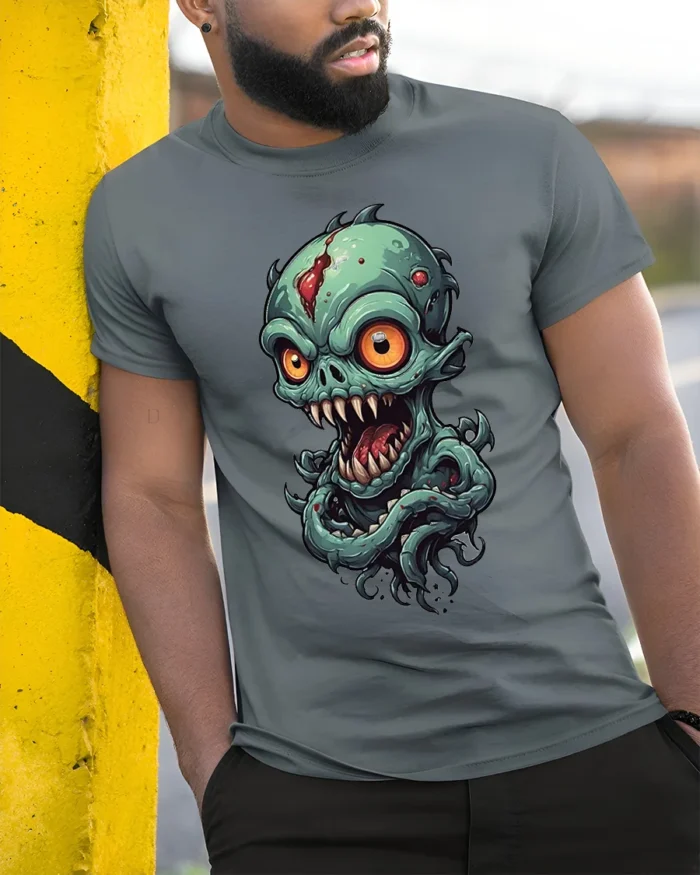 Creepy Alien Monster Big Eyes Horror T-shirt - model in grey shirt leaning against column