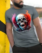 Fiery Skull Horror Flames Dark Graphic T-shirt - model in grey shirt leaning against column