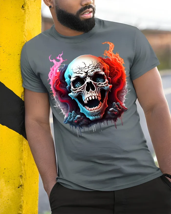 Fiery Skull Horror Flames Dark Graphic T-shirt - model in grey shirt leaning against column