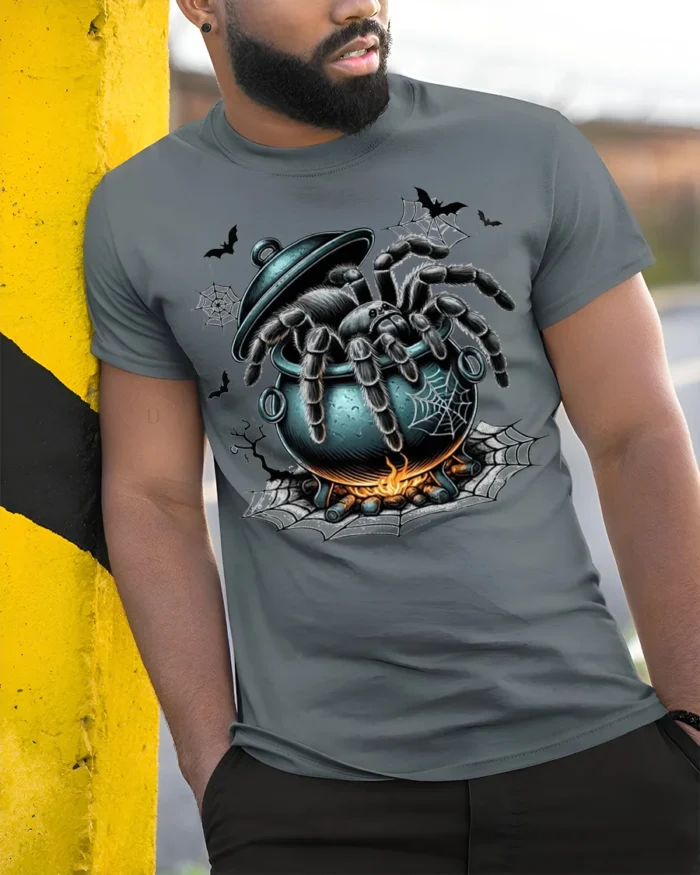 Creepy Spider Cauldron Halloween Horror T-shirt - model in grey shirt leaning against column