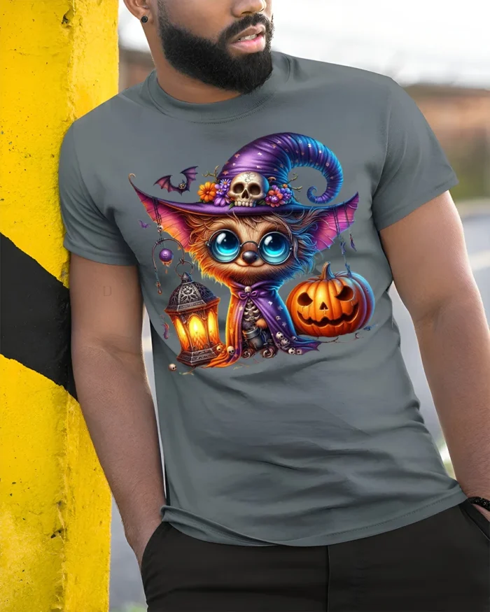 Cute Witch Cat Pumpkin Halloween Lantern T-shirt - model in grey shirt leaning against column