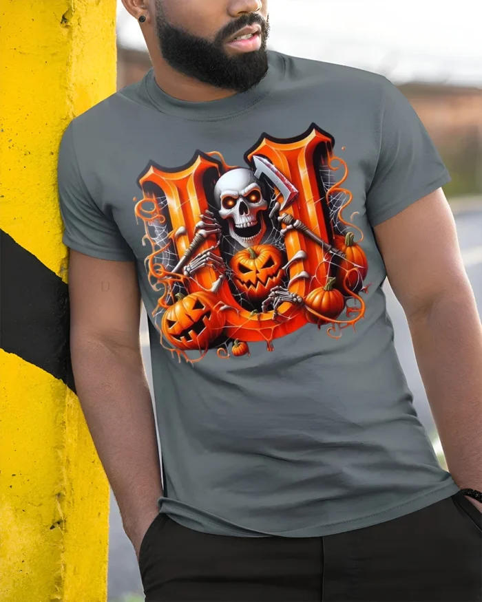 Skeleton Pumpkins Halloween Scary Night T-shirt - model in grey shirt leaning against column