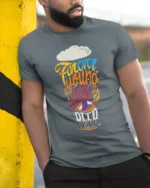 Forever Young Having A Beer Party Graphic T-shirt - model in grey shirt leaning against column