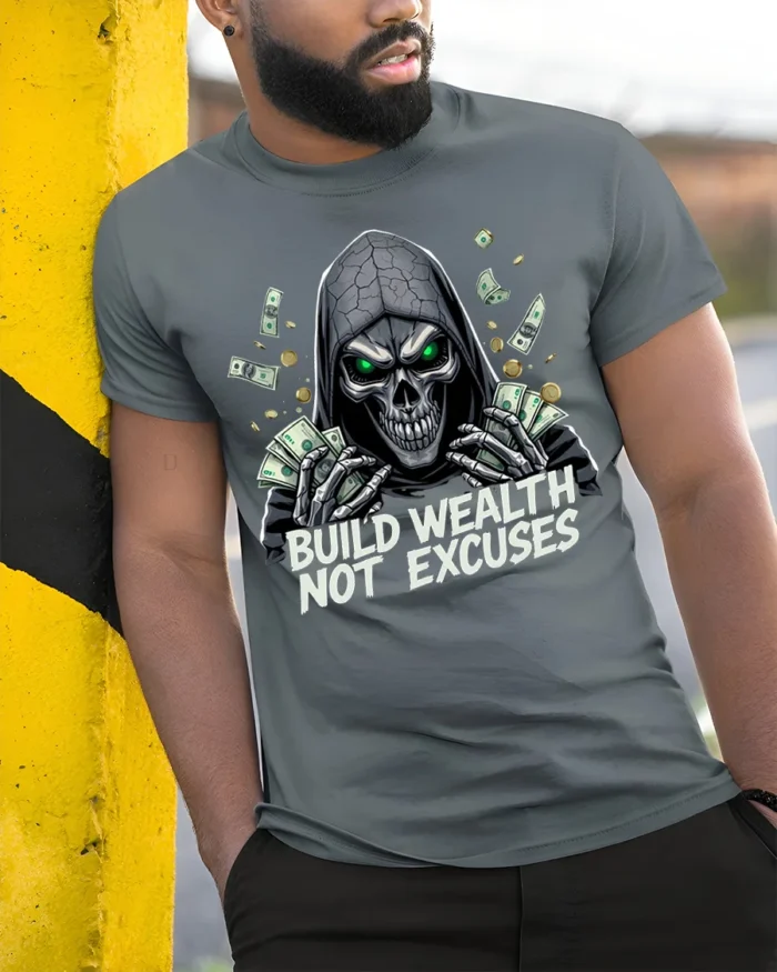 Build Wealth Not Excuses Grim Reaper T-shirt - model in grey shirt leaning against column