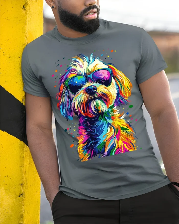 Colorful Cool Dog Sunglasses Pop Art T-shirt - model in grey shirt leaning against column