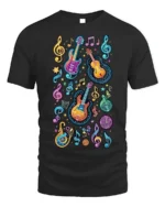 Colorful Neon Guitar Music Notes Graphic T-shirt - black t-shirt on white background